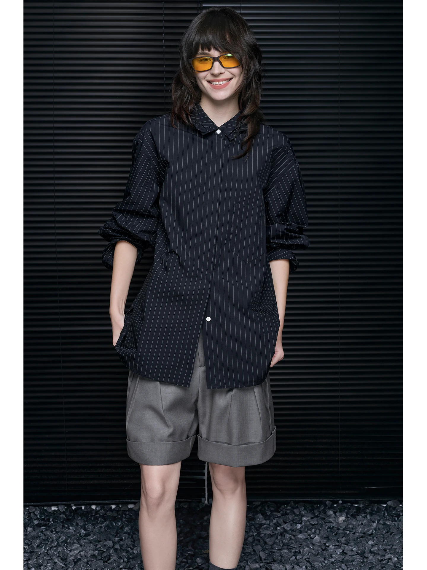 

Loose Fit Pure Cotton Long Sve Striped irt Women's Street Sle Casual Versatile Spring 2026 Bla Stripes Button up