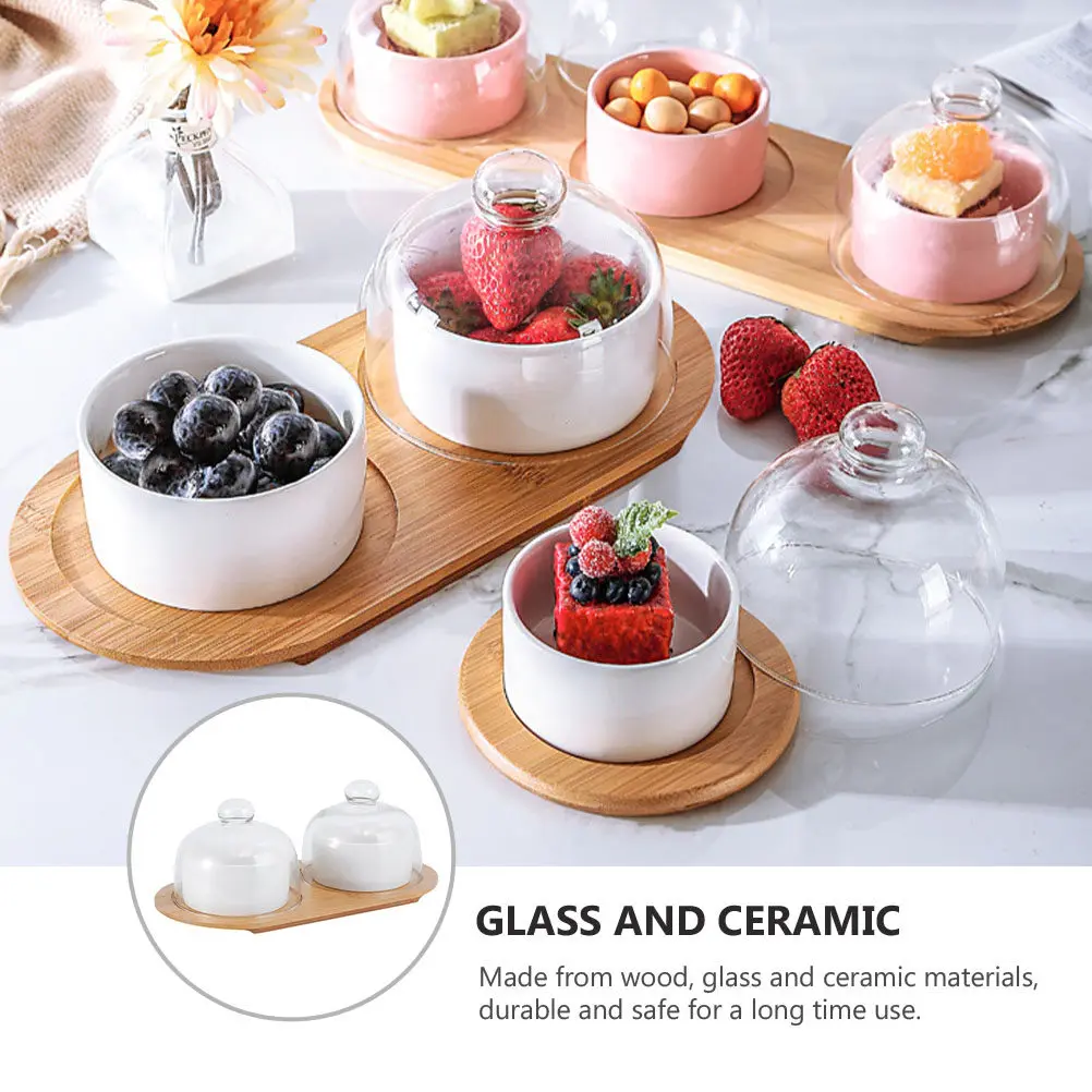 1Set Elegant Ceramic Dessert Bowl Set Glass Lid Wooden Tray Multi Use Pudding Salad Fruit Serving Kitchen Tableware Dish