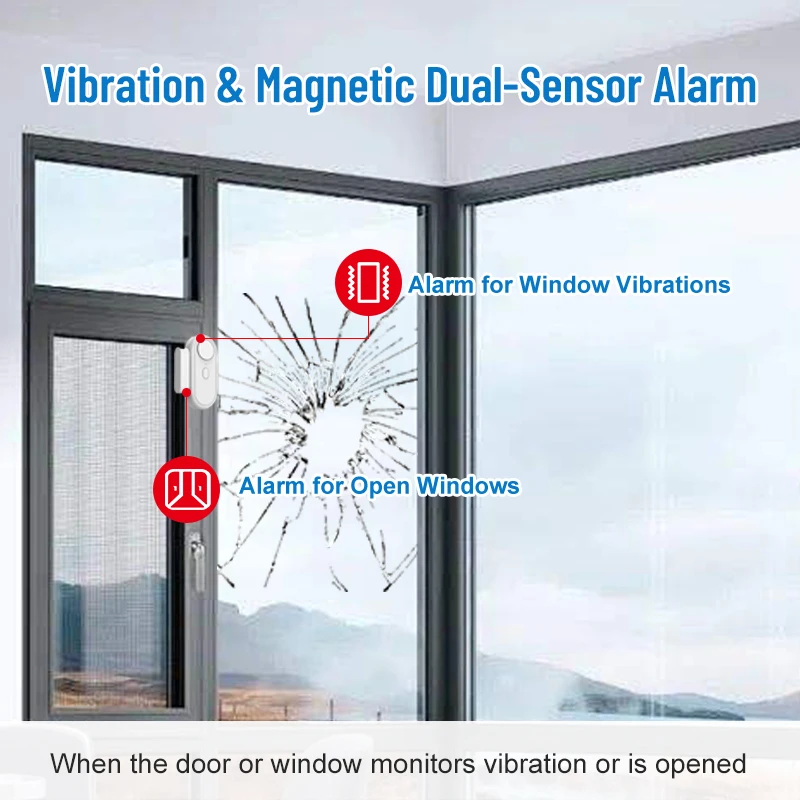 

0-120dB Sound 2 In 1 Vibration&Open Alarm for Door and Window with 5-Level Vibration Sensitivity,AAA Battery and Remote Included