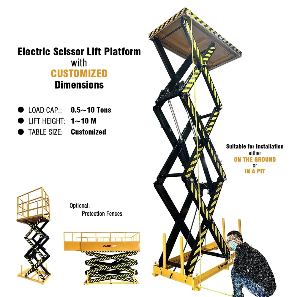 Ton pit lift 3 5 7 9 m Electro-stationary hydraulic scissor lift with fence