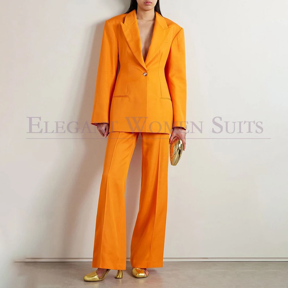 

Vibrant Orange Wide Leg Trousers Suit Set For Ladies Notched Lapel Single Button Blazer Fashion Outfit For Photoshoot Full Sets