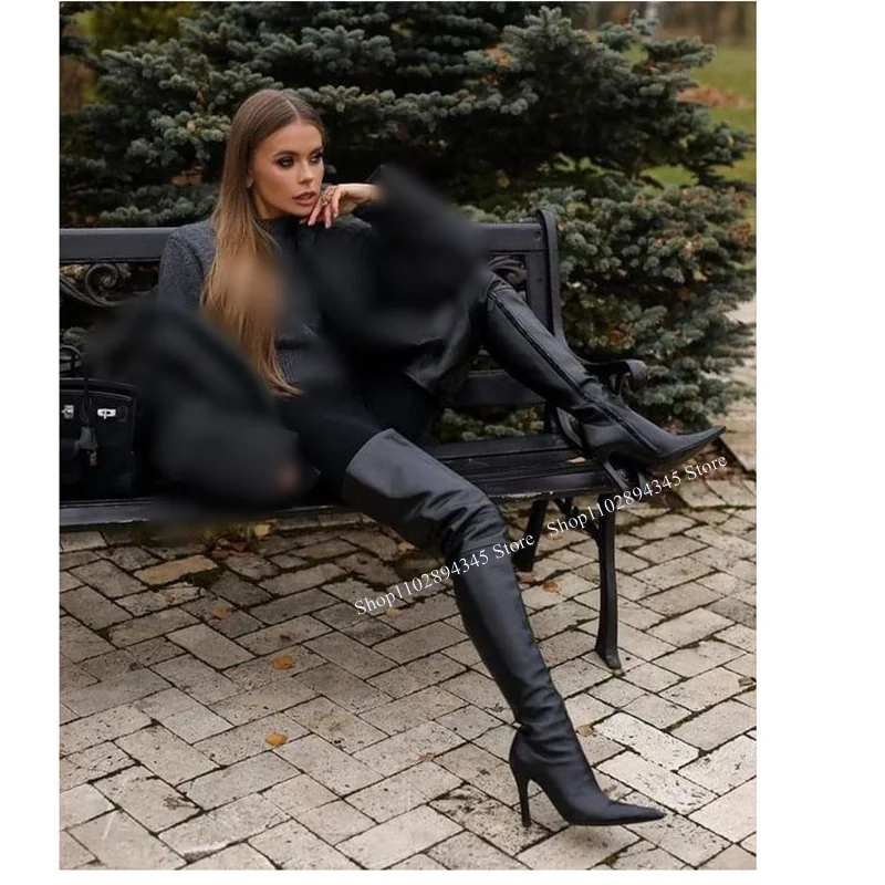 Black Zipper Over Knee High Boots Thin High Heel Pointed Toe Fashion Sexy Cool Winter Big Size Woman Shoes Zapatillas Mujer