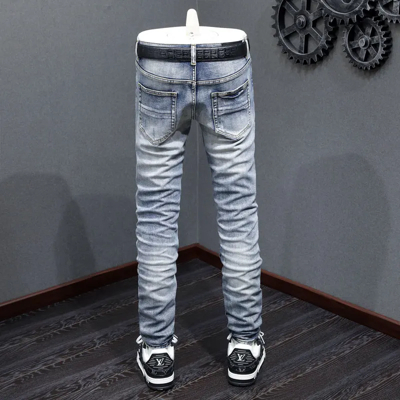 American Y2K  designer fashion new men's jeans stretch slim fit patchwork washed blue jeans high street hip-hop brand pa