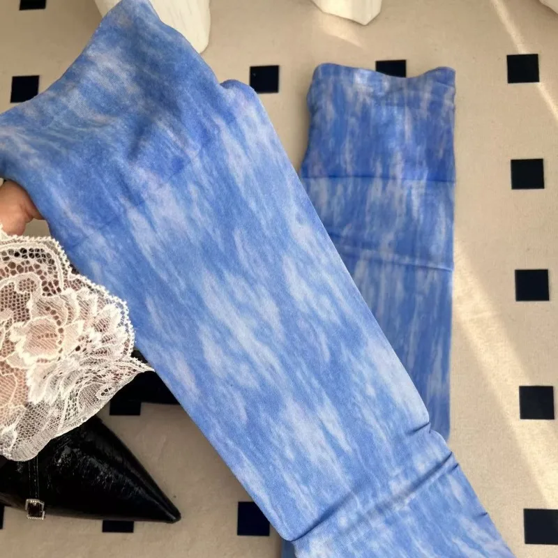 New Spring Summer Fog Blue Tie-dye Gradient Knee-high Socks lake Blue Gradient Wash High-cut Sock Slightly See-through Stockings