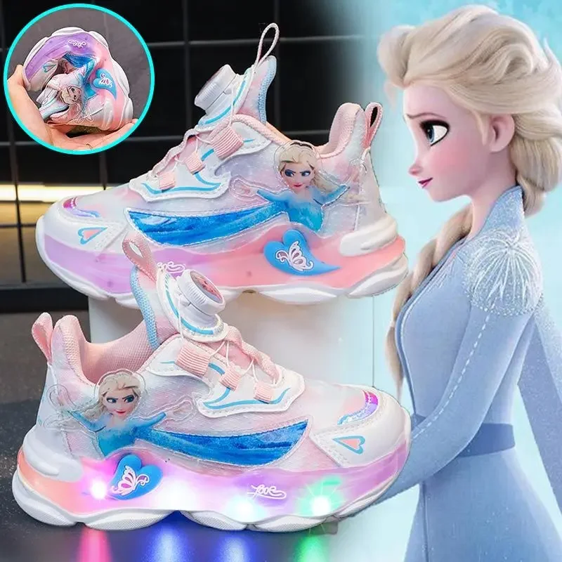 Disney girls sports shoes fall new revolving button children led light shoe elsa princess shoes mesh running casual shoes