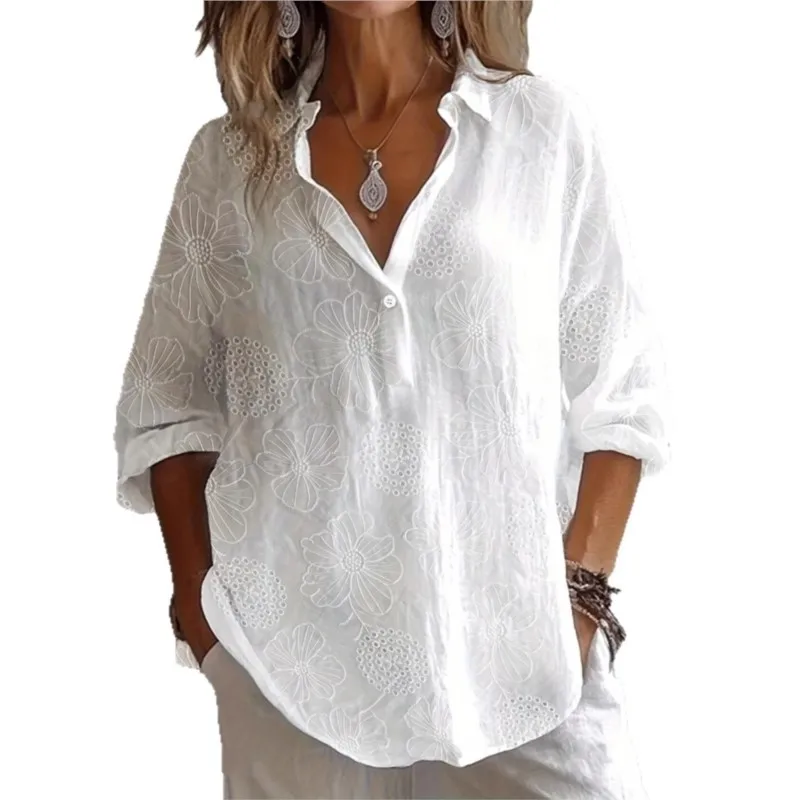 Chic Flower Embroidery White Shirt Women Fashion Lapel Long Sleeve Lapel Button Loose Casual Blouses & Shirts Office Lady Top