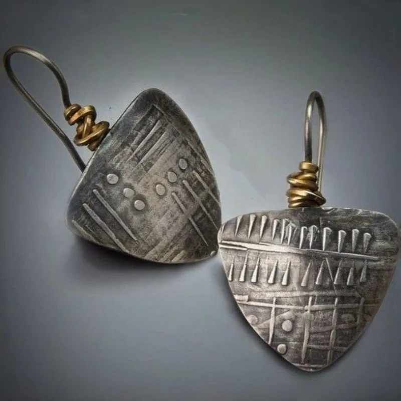 Triangular Vintage Texture Pendant Earrings For Women Ethnic Style Silver Plated Earrings Street Styling Fashion Accessory