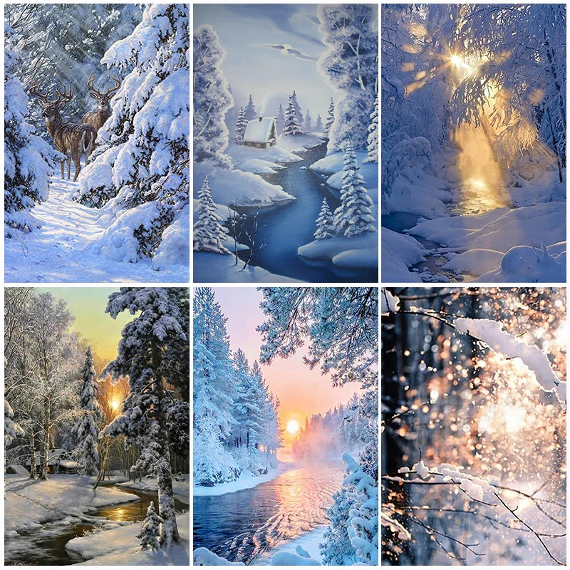 Landscape 5D Diamond Painting Winter Tree Snowscape Diamond Mosaic Painting Kits Winter Rhinestone Embroidery DIY Home Decor