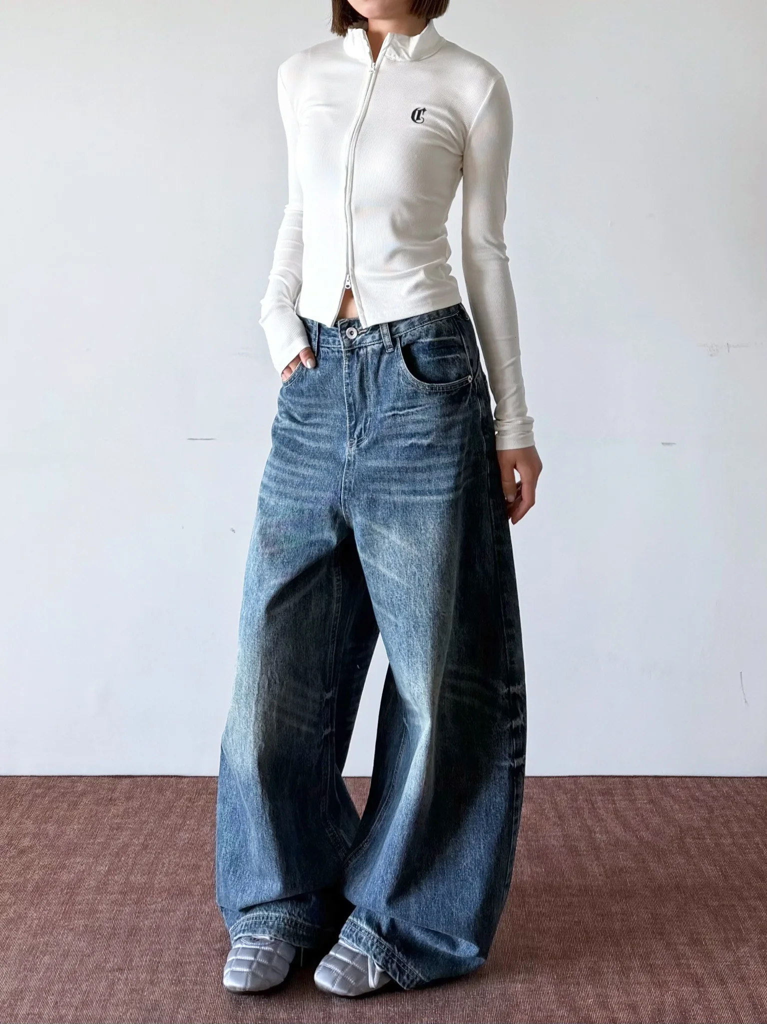 

Waed Blue Men's Wide Leg Jeans American Retro Bent Knife Long Pants Floor Length Casual Comfortable Cotton Denim
