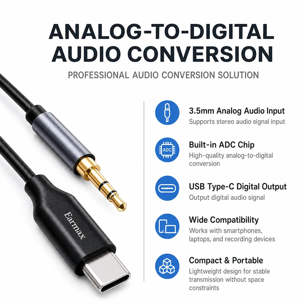 USB-C To 3.5mm ADC Audio Converter Cable Analog Digital Recording Adapter With Chip For Laptop Phone Stereo Capture
