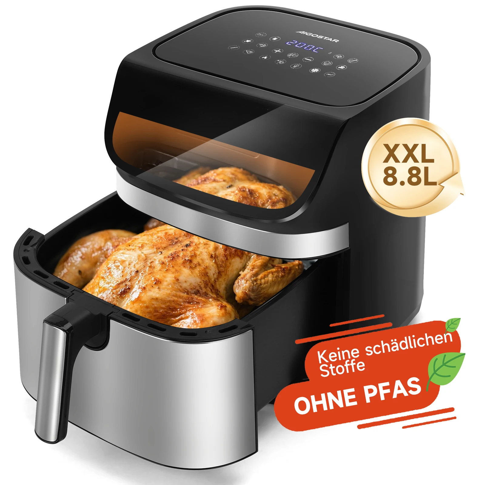 Aigostar Heißluftfritteuse XXL 8,8L, Dual Blaze, Airfryer 55% energiesparend mit 13 Programme, Metall-Innenraum, 100+ Online Rezept, LED Touchscreen & Sichtfenster, 2200W, Schwarz