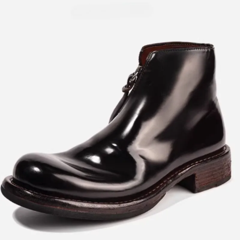 Pure Handmade Washed Horseskin Chelsea Boots Shoes for Men's British Retro Horse Hip Leather Goodyear Side Zipper High Top Boots