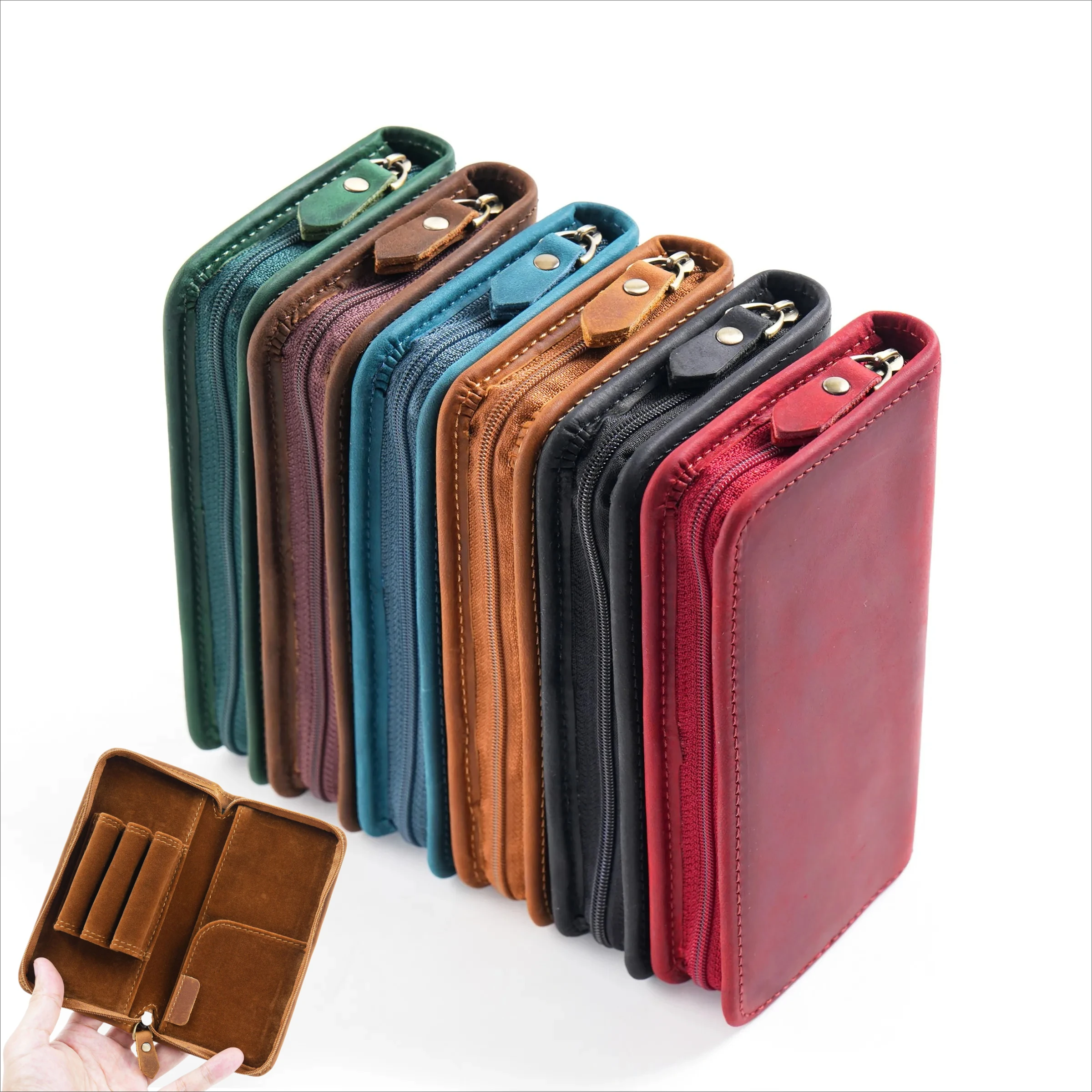 

Genuine Leather Zipper Pencil Case Multi-functional Pen Pouch Pen Holder Organizer Bags Stationery Office School Supplies