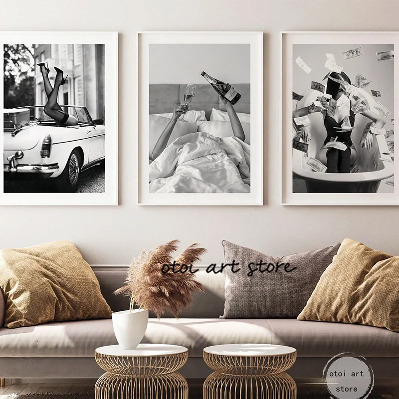 Vintage Black White Fashion Photography Style Sexy Woman Drinking Smok Art Poster Canvas Painting Wall Prints Picture Home Decor
