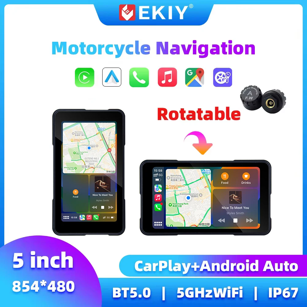 

EKIY 5-дюймовый мотоциклетный GPS-экран, вращающийся мотоцикл Carplay, навигационный GPS-монитор, беспроводной Carplay Android Auto
