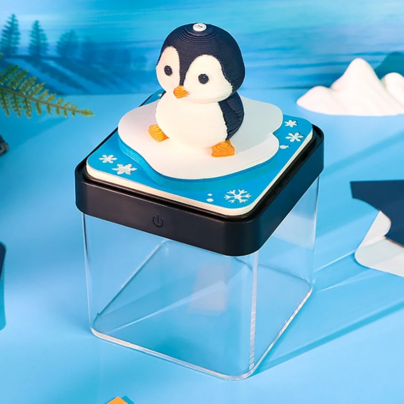 2026 أجندة مكتبية /رزنامة مكتبية مع مصباح ليد البطريق النحت ثلاثية الأبعاد المسيل للدموع التقويم ورقة نحت المفكرة هدية ديكور المنزل سطح المكتب