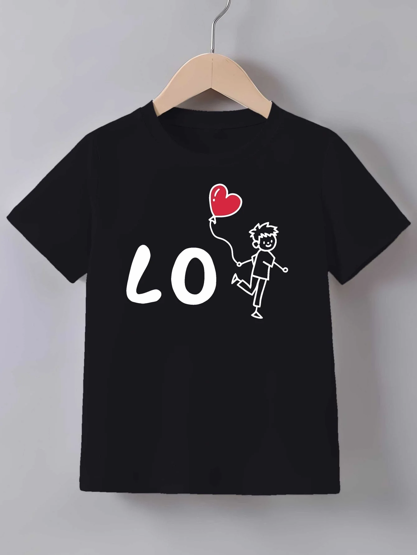 LO Heart Balloon Stick Figure Cartoon Print T Shirt Family Matching Outfit Boys Girls Kids Short Sleeve Children Daily Tees
