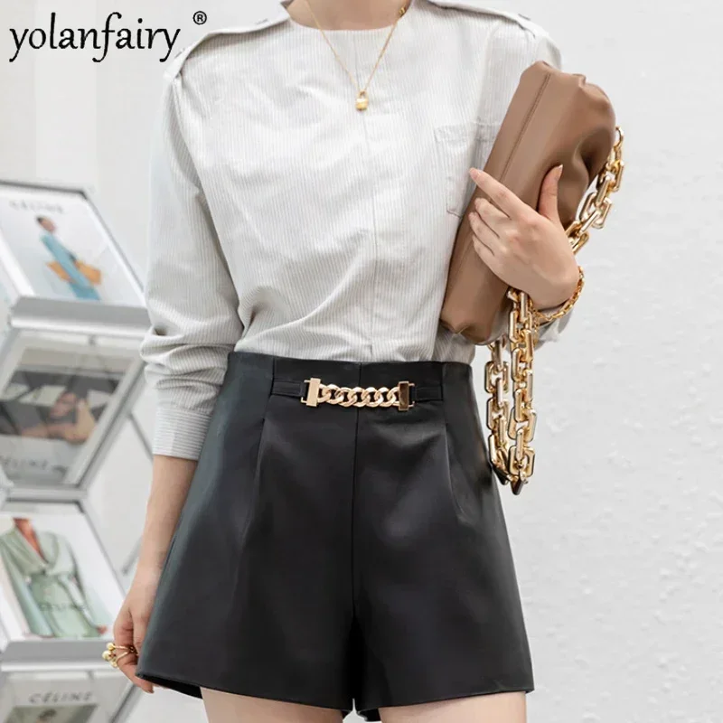 Spring and Autumn New High Waisted Shorts for Women Genuine Leather Elastic Sheepskin Loose Wide Leg Pants Womens Shorts FCY5394