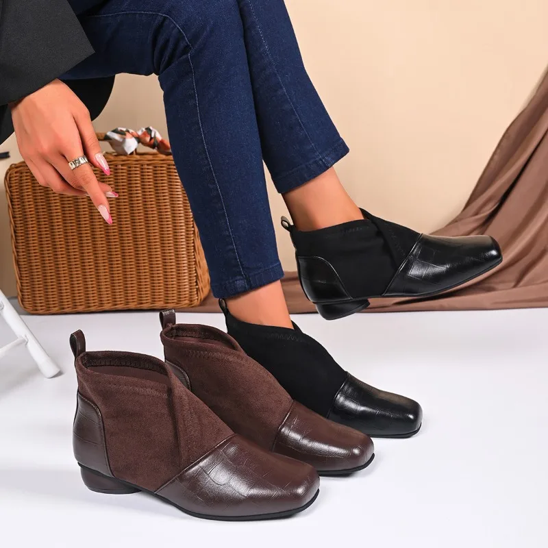 

Новинка 2023 года, осенне-зимние женские ботильоны в стиле ретро с квадратным носком, удобные универсальные модные женские ботинки на низком каблуке