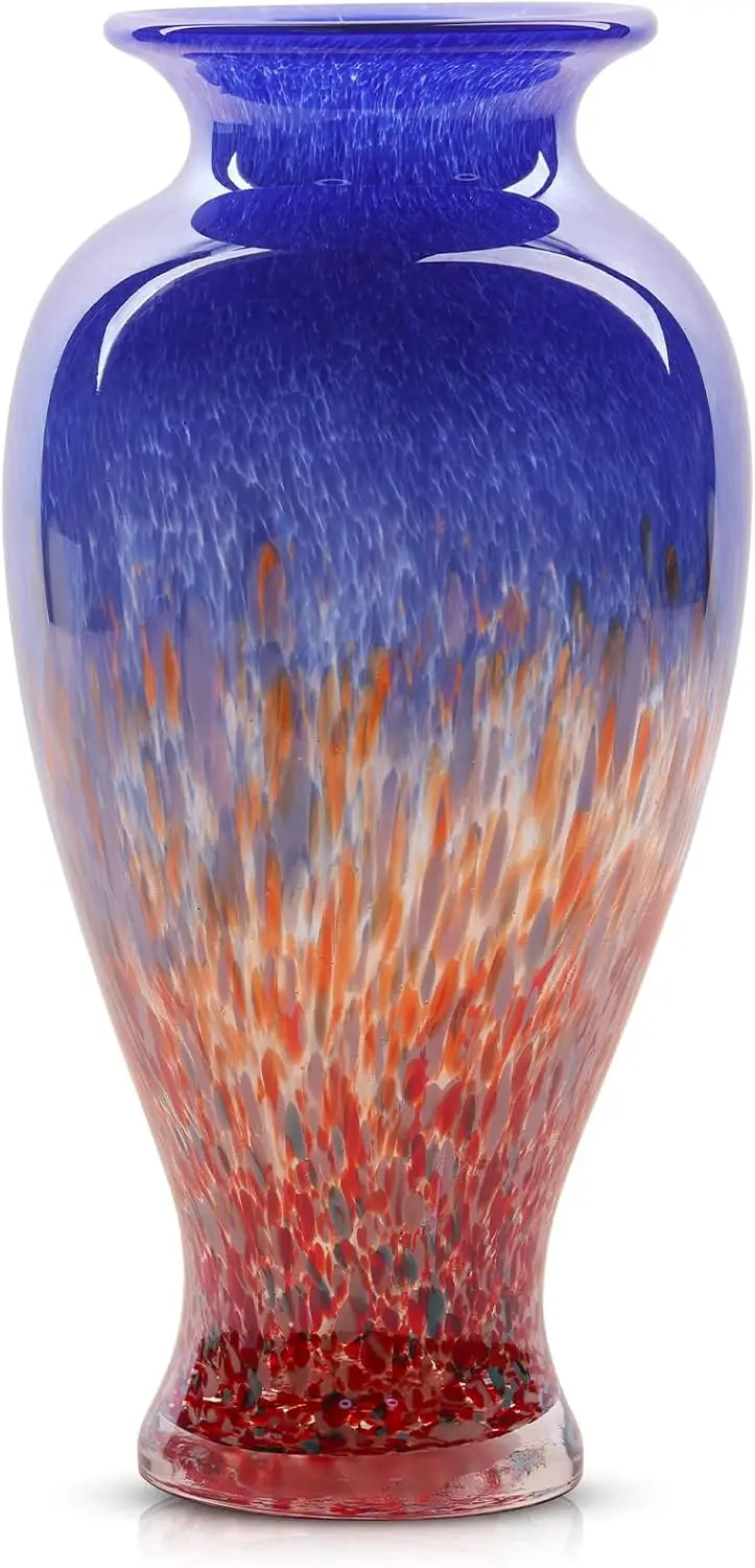 

11.8"" Tall Blue Vase Beautiful Hand Blown Glass Vase Modern Art Home Decor, Wide Mouth Colorful Glass Vase For