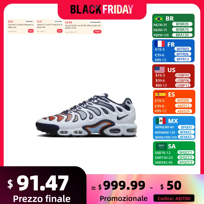 Nike Air Max Plus Drift Men's Sneakers Trendy Fashion casual shoes Cushioned comfort Sneakers Breathable and light White&Orange