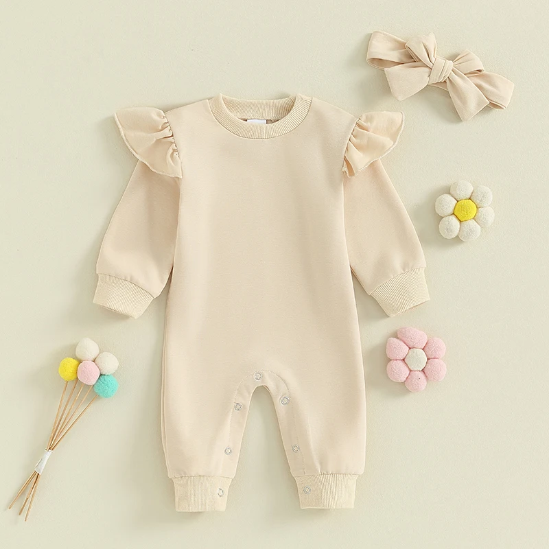 0-12M Newborn Baby Girls Jumpsuit Spring Fall Outfits Long Sleeve Solid Color Ruffle Jumpsuit with Headband Set Infant Clothes