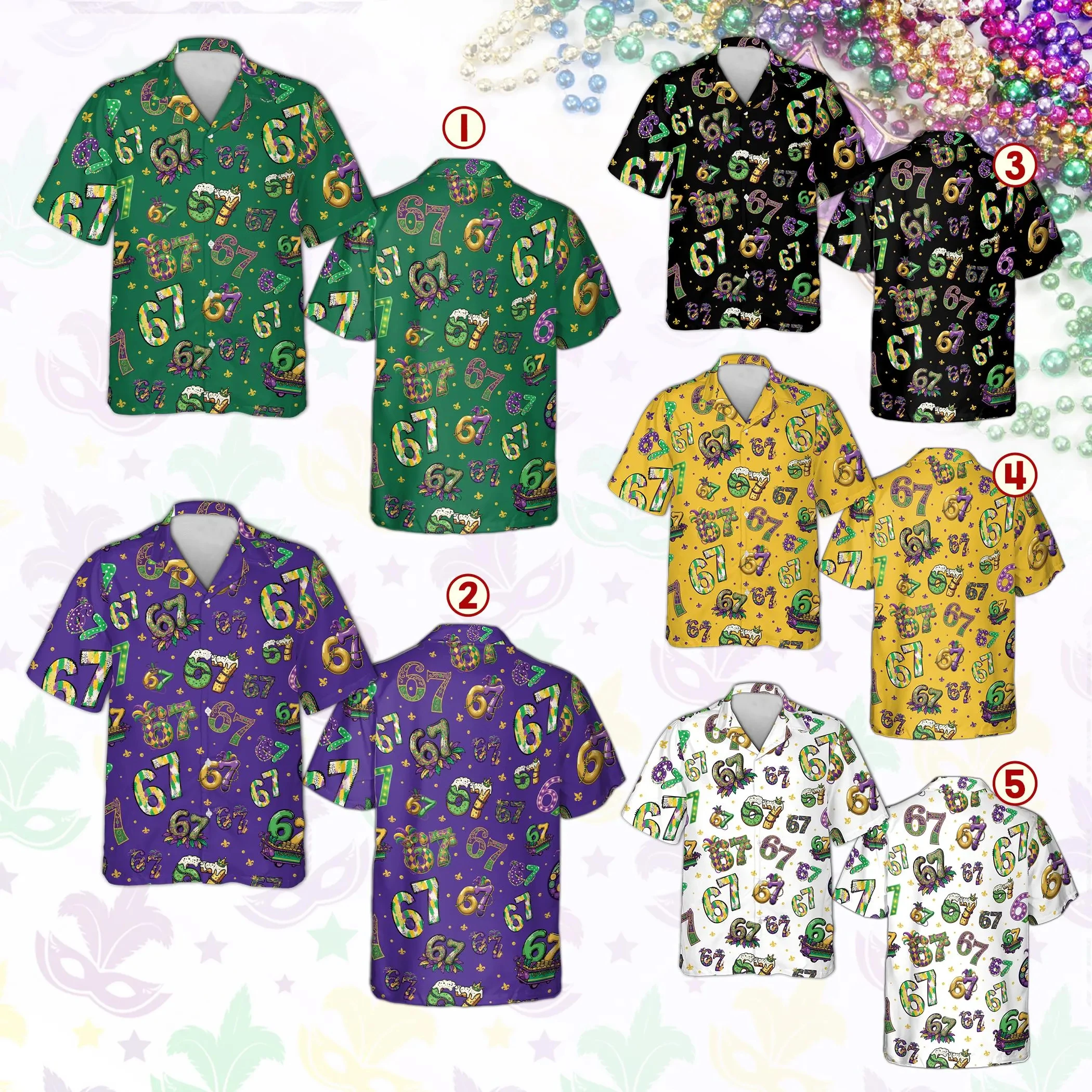 

Six Seven Mardi Gras Button Up, 67 Beads King Cake Hawaiian Shirt, NOLA Carnival Krewe Party Top, New Orleans Fat Tuesday Squad