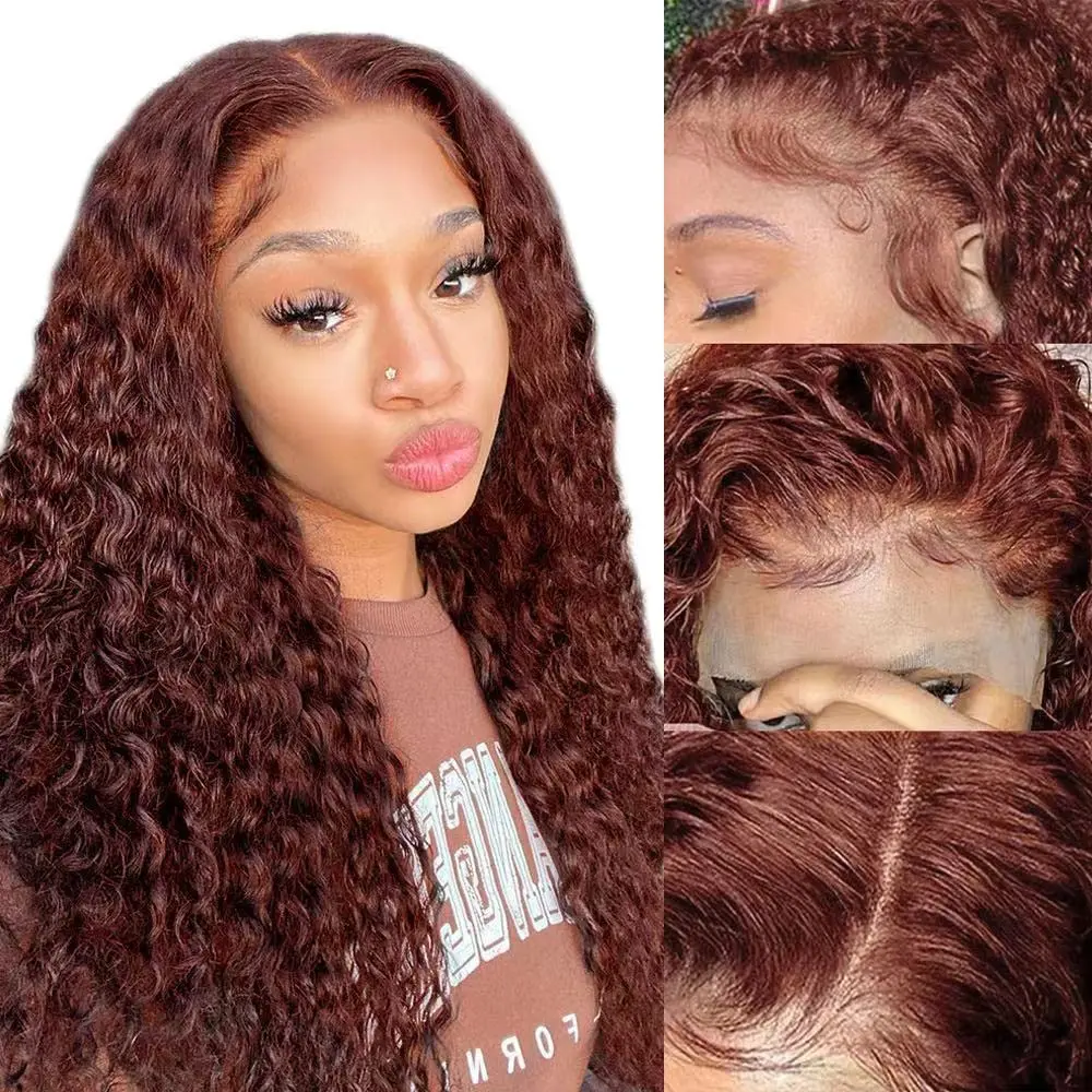 13X6 Reddish Brown Water Wave Lace Front Wigs for Women Brazilian Virgin 13x4 Colored Deep Curly Human Hair HD Lace Frontal Wig