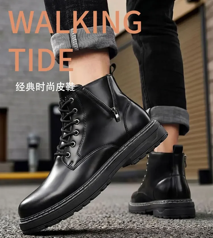 Herren High-Top-Stiefeletten, seitlicher Reißverschluss, dicke Sohle, rutschfeste Kunstlederstiefel, Freizeitschuhe für den täglichen Pendelverkehr und Spaziergänge auf der Straße. – Detail 1