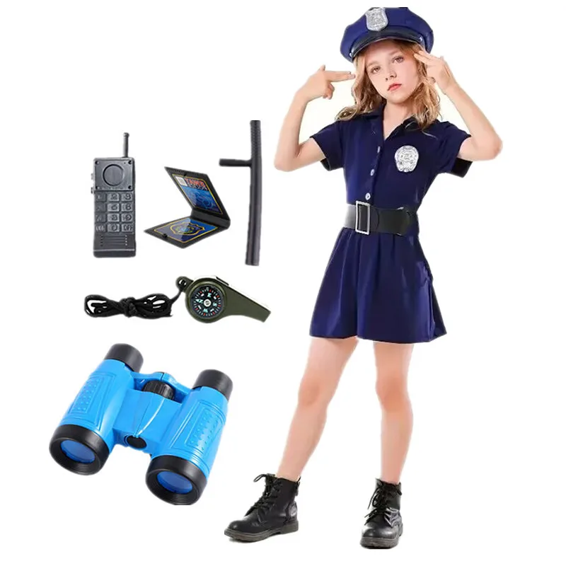 Girls Police Role Play Dress Up Costumes Female Officer Belt Uniform Carnival Party Performance Halloween Police Toys Gifts