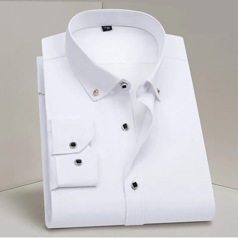 Men\'s Button-down Shirt Long Sleeve Casual Formal Business Dress Shirts Pocket-less Solid Color Blue White Tops Korean Slim Fit