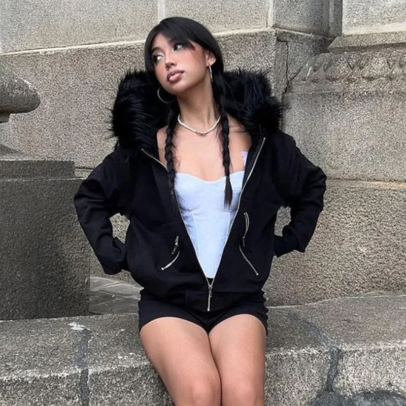 

Women's Casual Fur Collar Zip Up Hoodies, Chic Streetwear, Aesthetic Pockets Cardigans, Vintage Fashion
