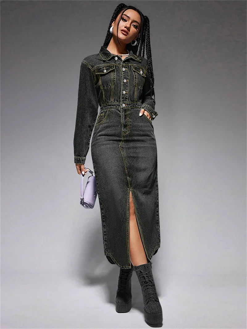 Streetwear Denim Dress Spring Clothes Women 2025 Turn Down Collar Boutton Up Jean Dresses Female Vintage Cowboy Dress Vestidos
