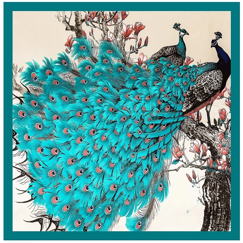 Spring Chinese Style Peacock Lmitation Silk Large Square Scarf Women's Accessories Head Scarf Beach Shawl Scarf 90*90cm