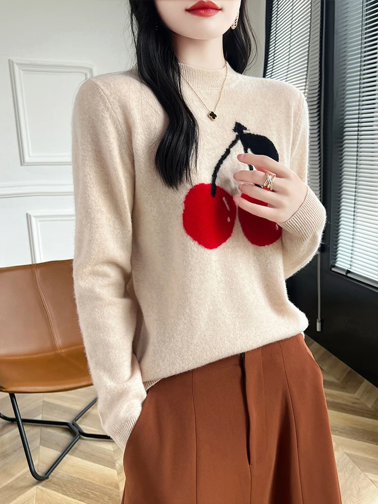 

Autumn Winter Women 100% Merino Wool Sweater Mock Neck Solid Knitted Pullover Casual Basics Cartoon Cashmere Clothing Top