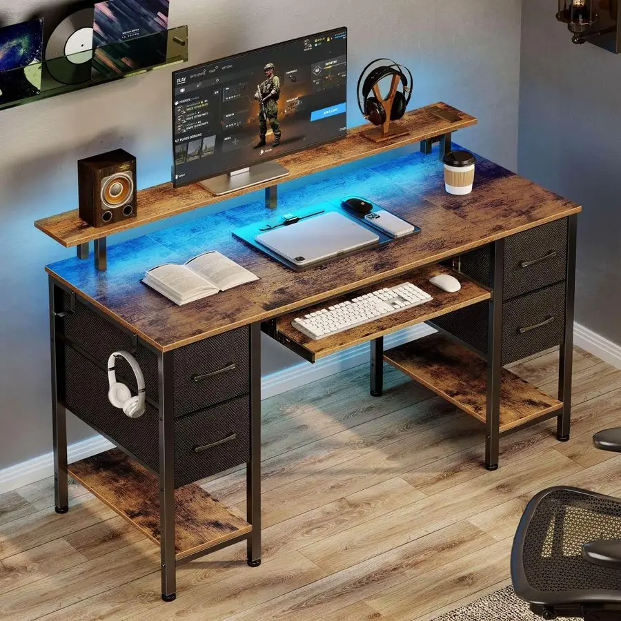 Computer Desk 47.2 with LED Lights amp Power Outlets, Home Office Desk with 4 Drawers, Writing Desk with Keyboard Tray, Study Ta