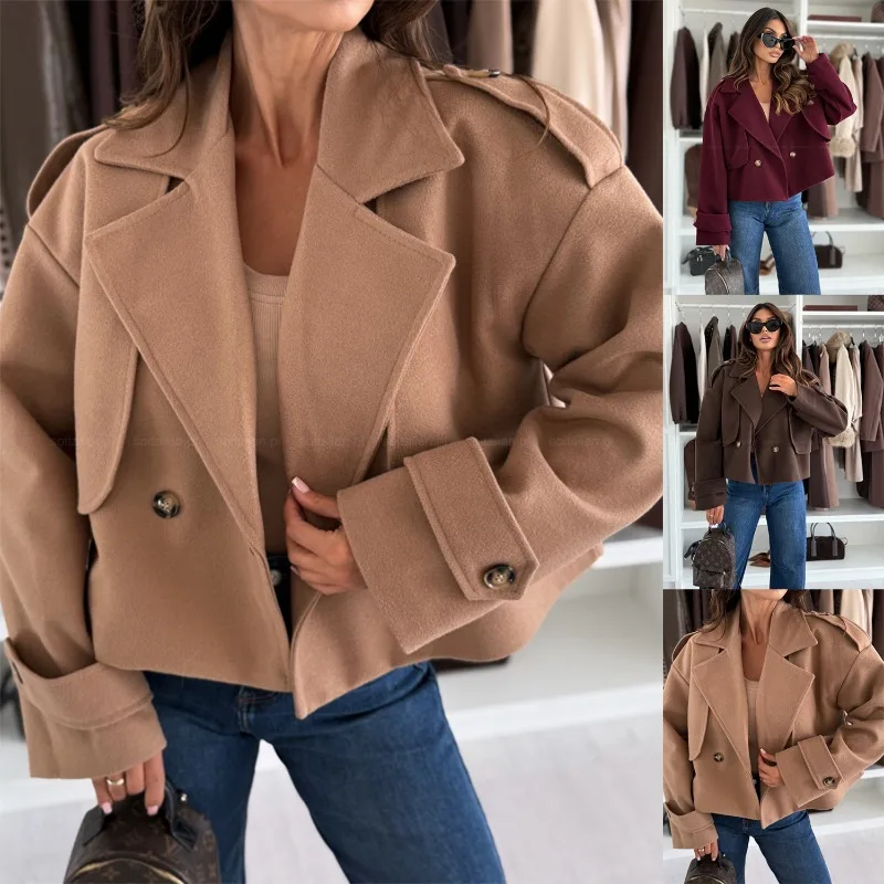 

Autumn Winter Casual Short Wool Coat Solid Color Long-Sleeved Loose Jacket Commuter Khaki Retro Trench Coat for Women