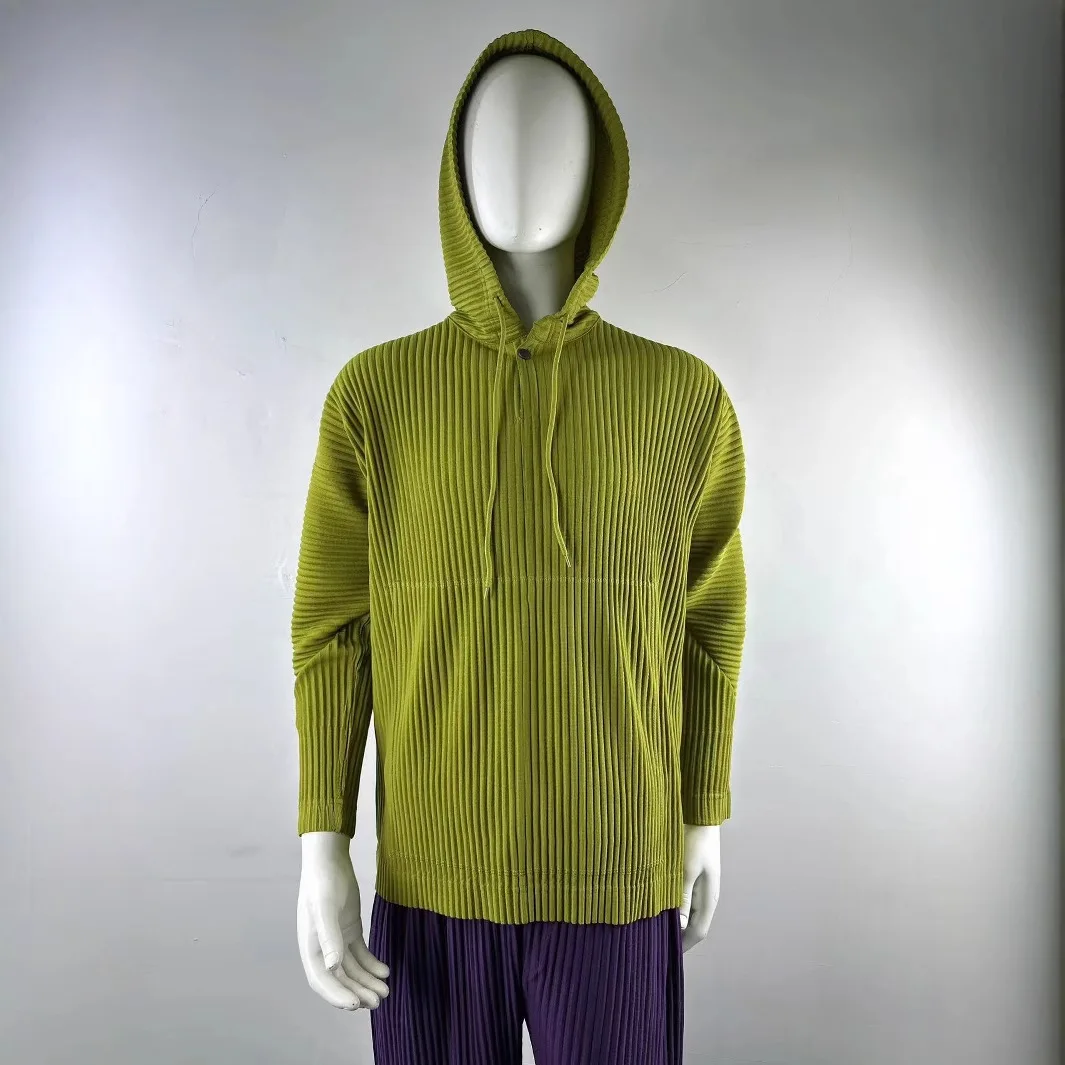 Miyake New Autumn and Winter Hooded Long-sleeved Jacket Pleated Sweater Men's Solid Color Breathable Loose Drawstring Casual