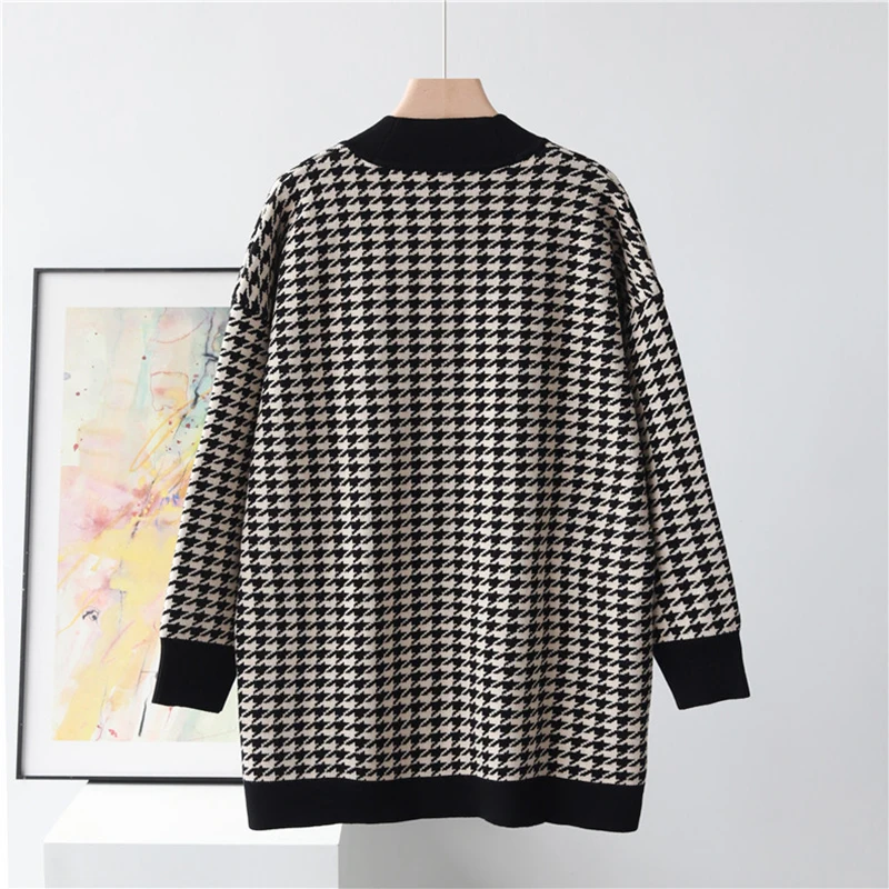 Women Houndstooth Knit Sweater V-neck Loose Long Sleeve Single Breasted Gold Buttons Coat Female Knitted Cardigan Autumn Winter