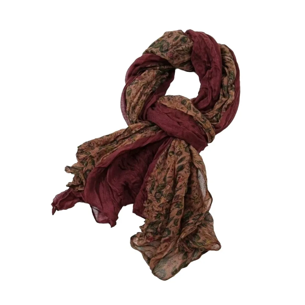 Multi-purpose Flower Printed Pleated Scarf Color Block Yarn Neck Wrap Large Size Polyester Neck Warmer Spring