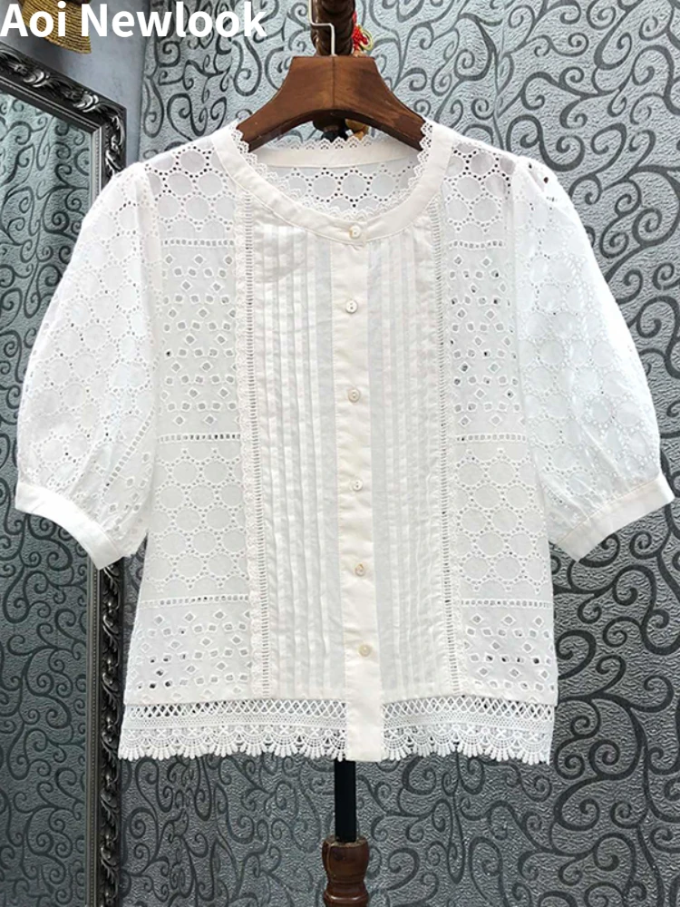 Aoi Women\'s Y2k Summer Shirt Elegant Chic White 100% Cotton Patchwork Hollow Out Boho Lace Sexy Ladies Blouse Top