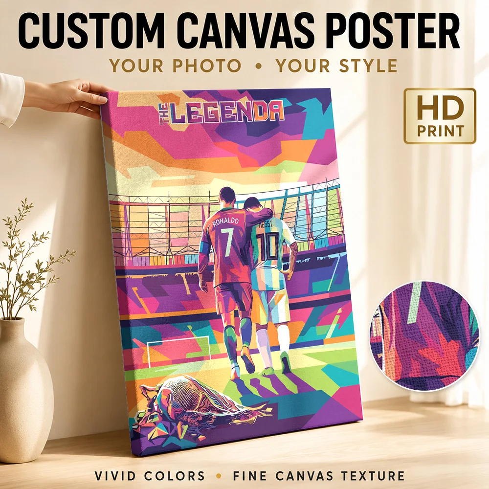 Ronaldo and Messi in a stadium Canvas Print Poster Customized Sports Portrait Canvas Wall Art for Man Cave Decor Ready to Hang