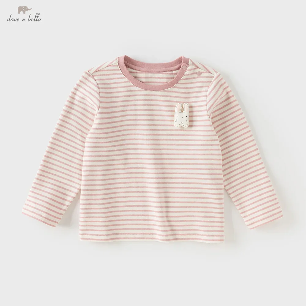 Dave Bella Children's T-shirt Autumn Girl's Sweet Pink Striped Bottoming Shirt Casual Baby Cotton Top Gentle Party DB3253527