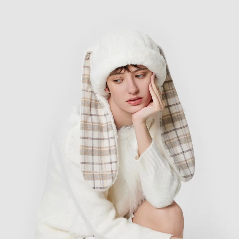 2027 Women Vintage Plaid Fuzzy Earflap Hat, Reversible Foldable Rabbit Ear Wool Hat for Autumn Winter