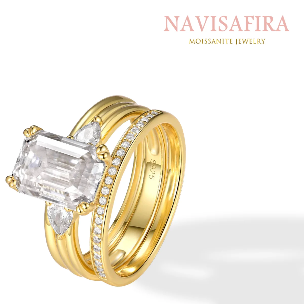 

3.5Ct S925 Gold Moissanite Triple Band Ring Set, Emerald-Cut Main Stone with Accent Zircons, Luxurious & Trendy