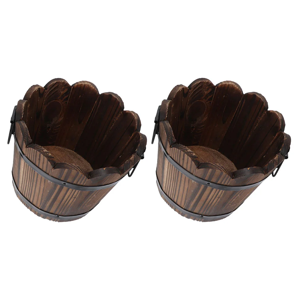 

2 Pcs Carbonized Wood Flowerpot Round Vegetable Planter Container Potato Whiskey Barrel Small Plants