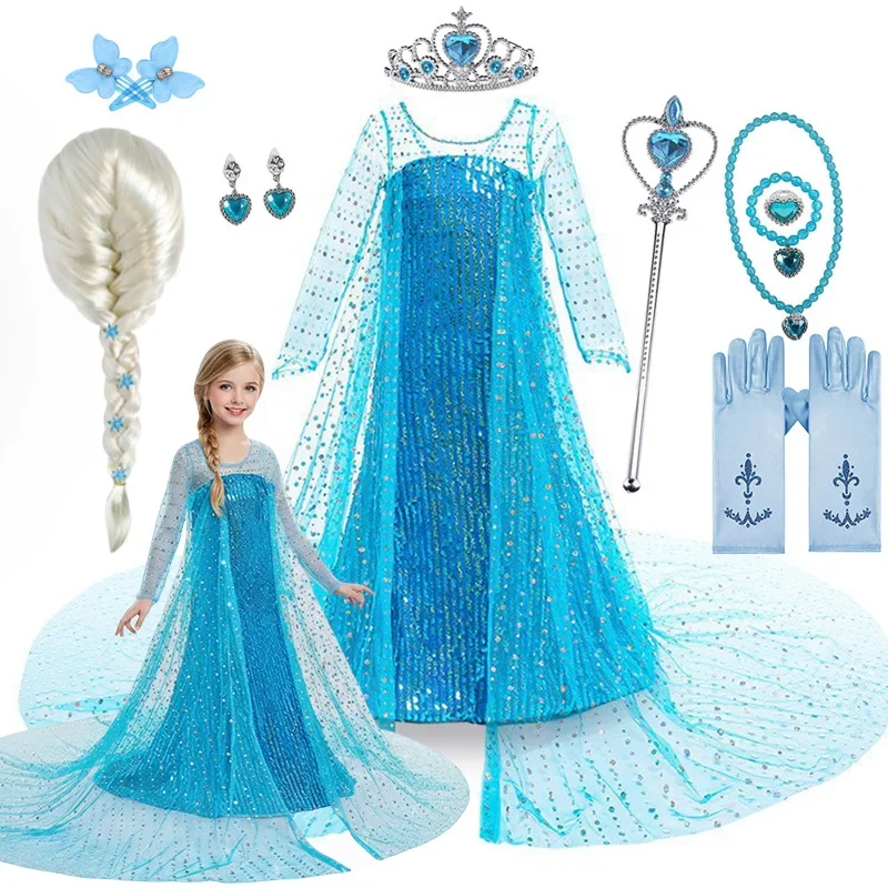 Kids Girls Ice Snow Princess Sequin Fancy Costume Complete Accessory Kit Cosplay Outfit for Halloween Birthday Stage Party Wear