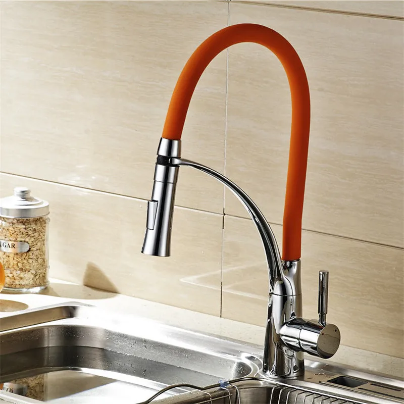 

Kitchen Mixer Faucets Brass & Silica Gel Sink Water Taps Hot & Cold Pull Down Single Handle Deck Mounted Rotatable Chrome/Black