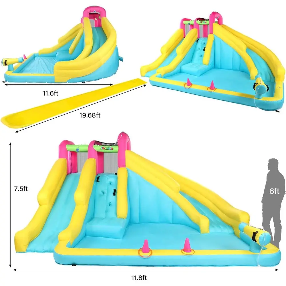 منزلق مائي قابل للنفخ بطول 20 قدمًا للأطفال مع حوض السباحة والرش والحلقات - إعداد سريع، يتضمن منفاخ #6