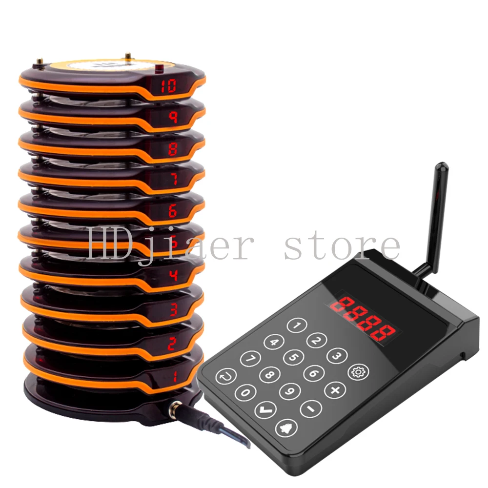 

Wireless Paging System – Coaster Pager/Table Buzzer for Restaurant Guests, Includes 10 Pagers & 1 Keyboard Transmitter